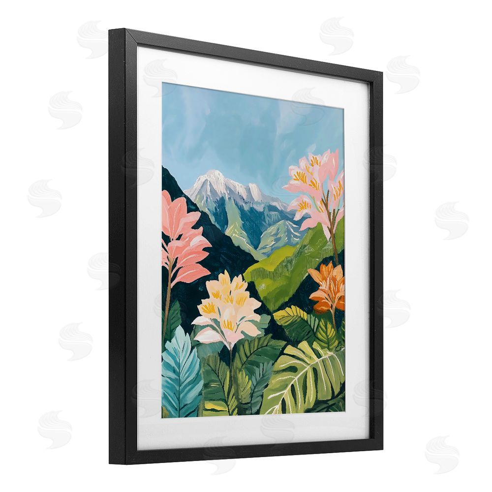 The Prints Vibe Tropical Mountain Landscape Black Framed Print Under Glass with White Mat Wall Art