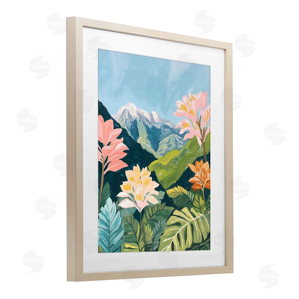 The Prints Vibe Tropical Mountain Landscape Brown Framed Print Under Glass with White Mat Wall Art