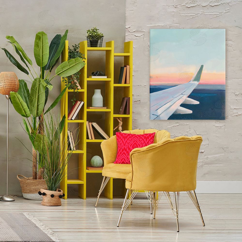 The Prints Vibe Airplane Wing Sunset Stretched Canvas Wall Art Print in Room