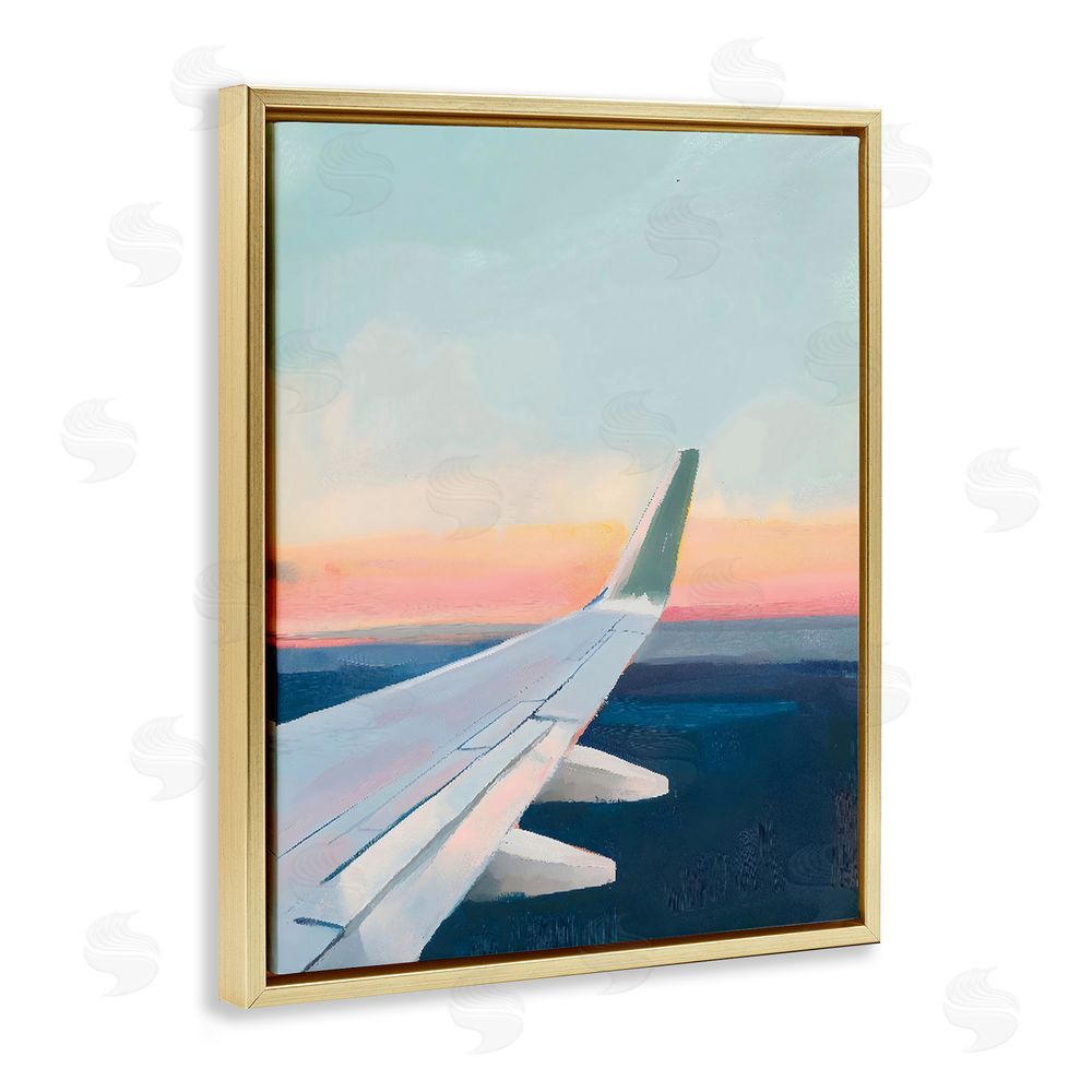 The Prints Vibe Airplane Wing Sunset Gold Floating Frame Stretched Canvas Wall Art Print