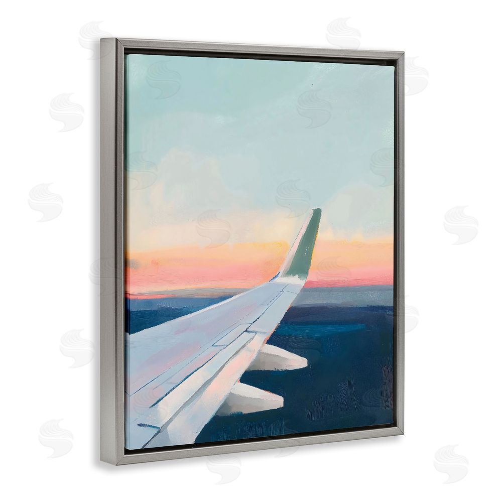 The Prints Vibe Airplane Wing Sunset Gray Floating Frame Stretched Canvas Wall Art Print