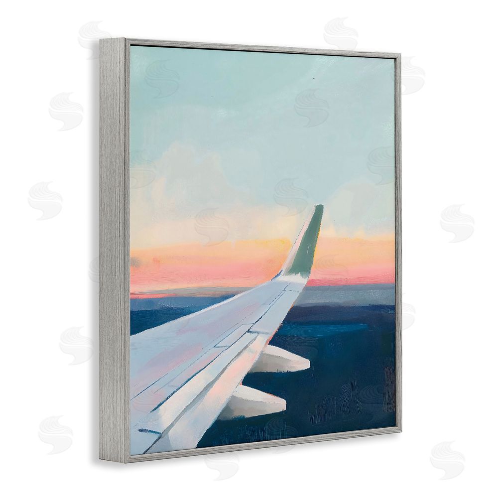 The Prints Vibe Airplane Wing Sunset Gray Framed Giclee Wall Art Print