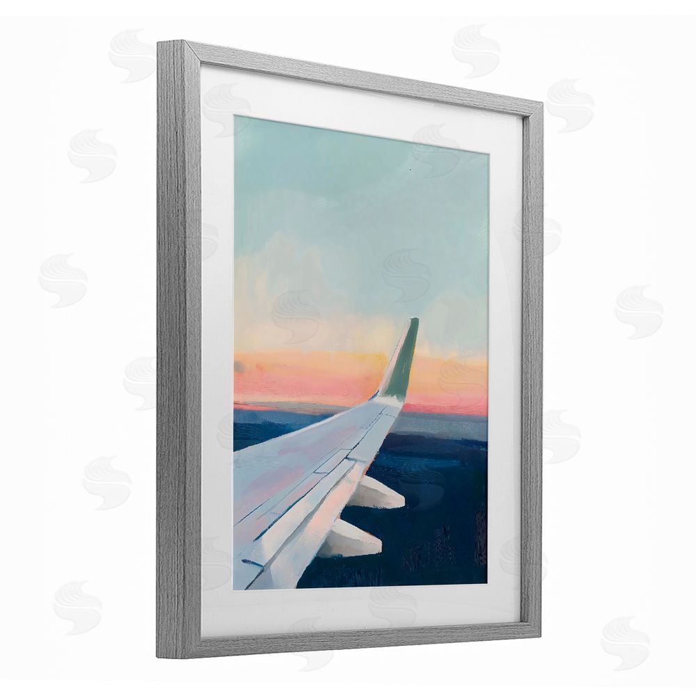 The Prints Vibe Airplane Wing Sunset Gray Framed Print Under Glass with Matting Wall Art