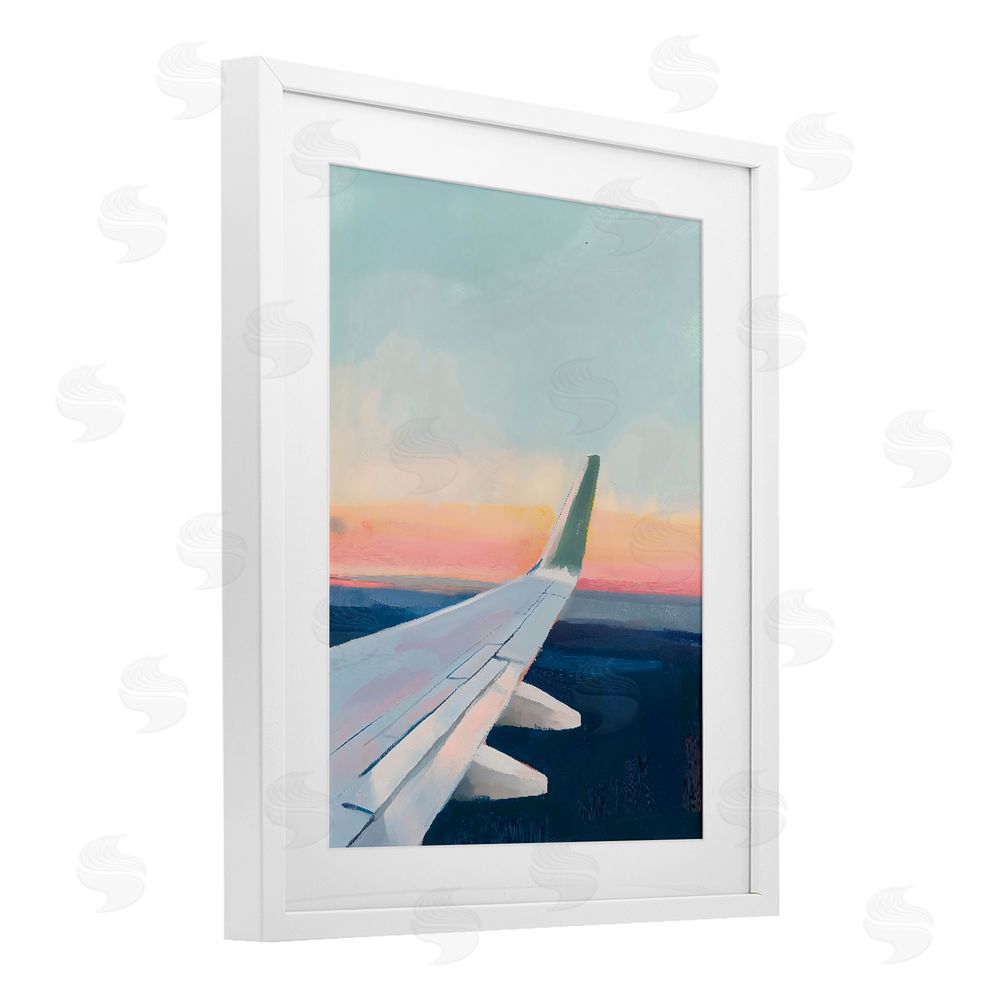 The Prints Vibe Airplane Wing Sunset White Framed Print Under Glass with Matting Wall Art