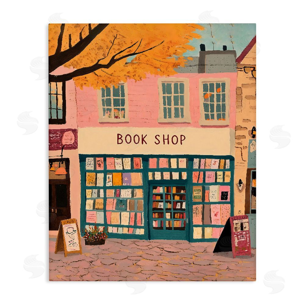 The Prints Vibe Fall Book Shop Facade Stretched Canvas Wall Art