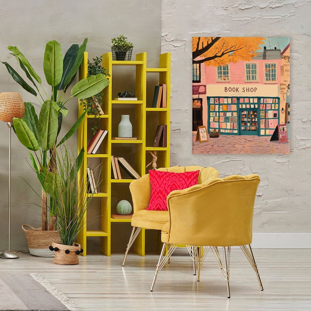 The Prints Vibe Fall Book Shop Facade Stretched Canvas Wall Art in Room