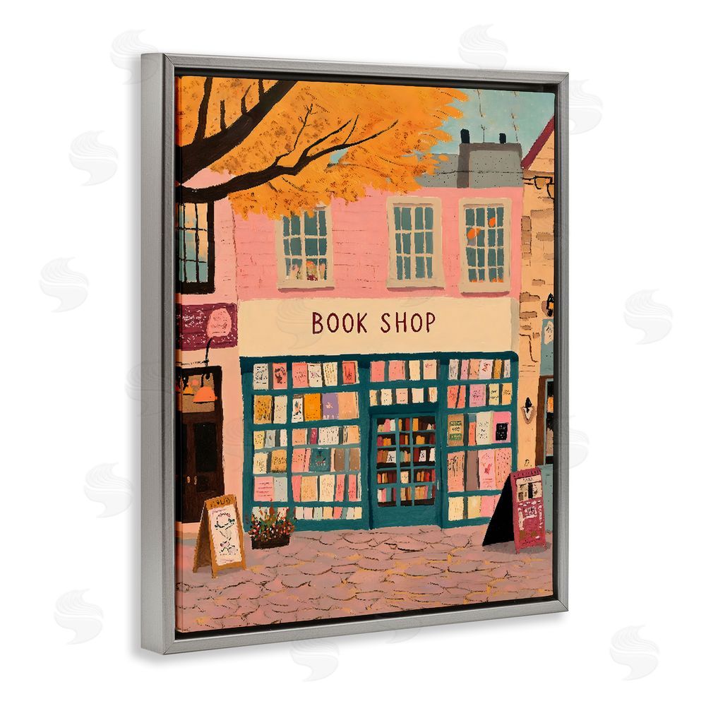 The Prints Vibe Fall Book Shop Facade Gray Floating Framed Canvas Wall Art