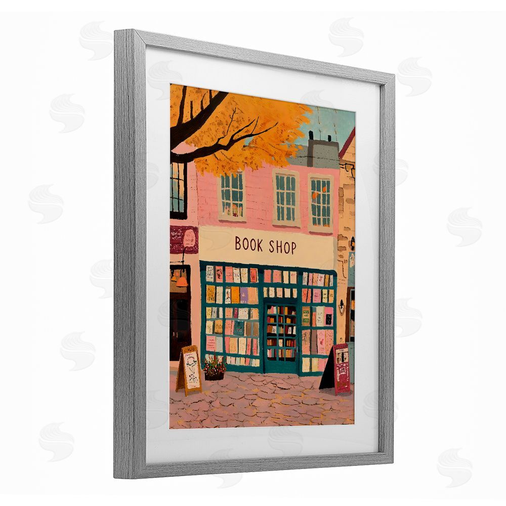 The Prints Vibe Fall Book Shop Facade Gray Framed Print Under Glass Wall Art