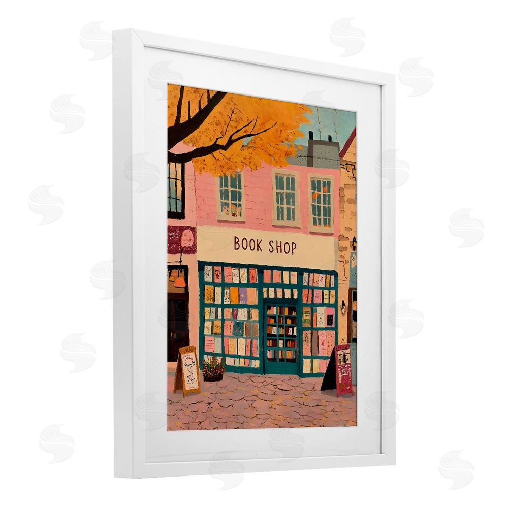 The Prints Vibe Fall Book Shop Facade White Framed Print Under Glass Wall Art