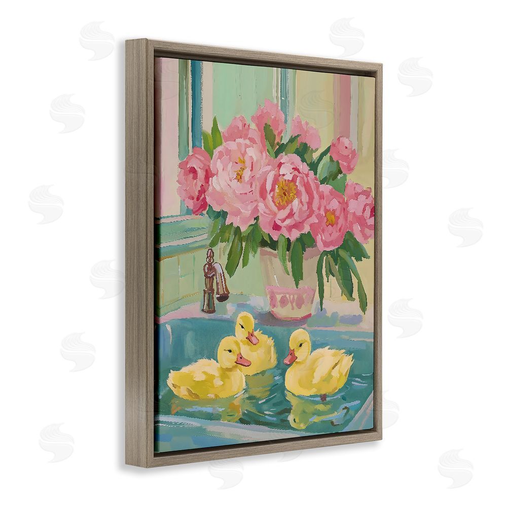The Prints Vibe Ducks in Sink Bath Brown Floating Frame Canvas Wall Art Print