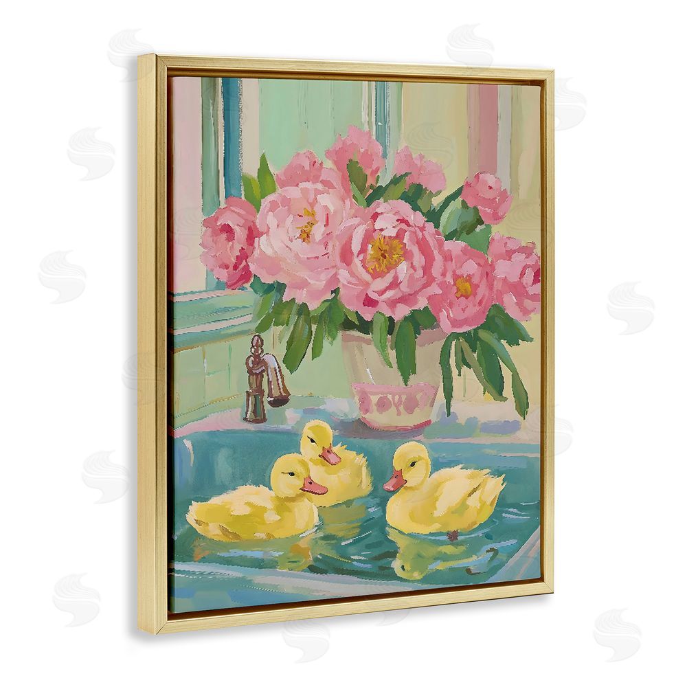 The Prints Vibe Ducks in Sink Bath Gold Floating Frame Canvas Wall Art Print