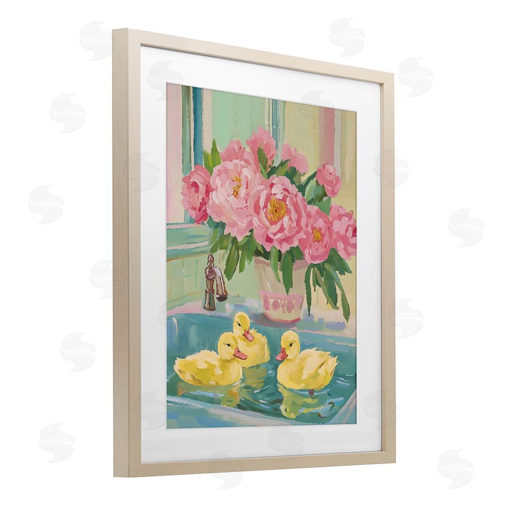The Prints Vibe Ducks in Sink Bath Brown Framed Print Under Glass Wall Art