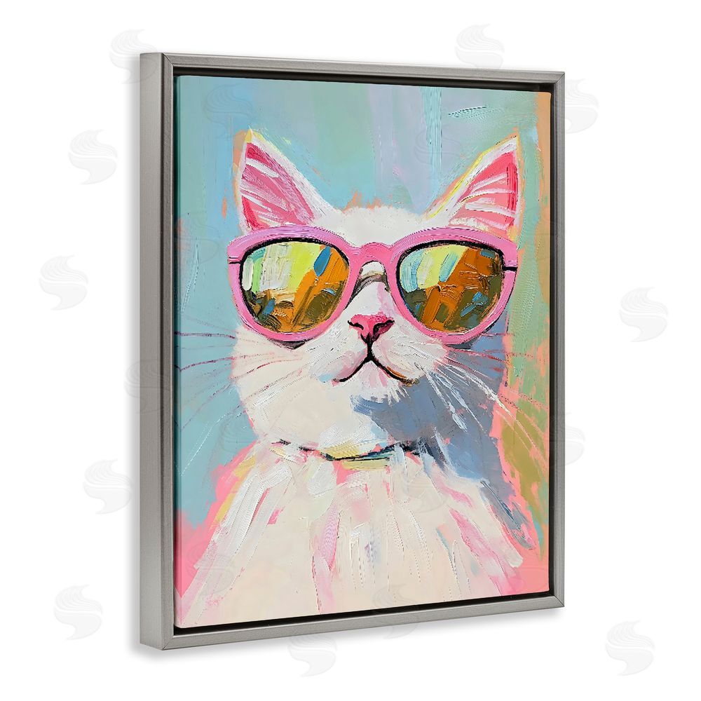 The Prints Vibe Cool Cat in Sunglasses Gray Floating Frame Canvas Wall Art Print
