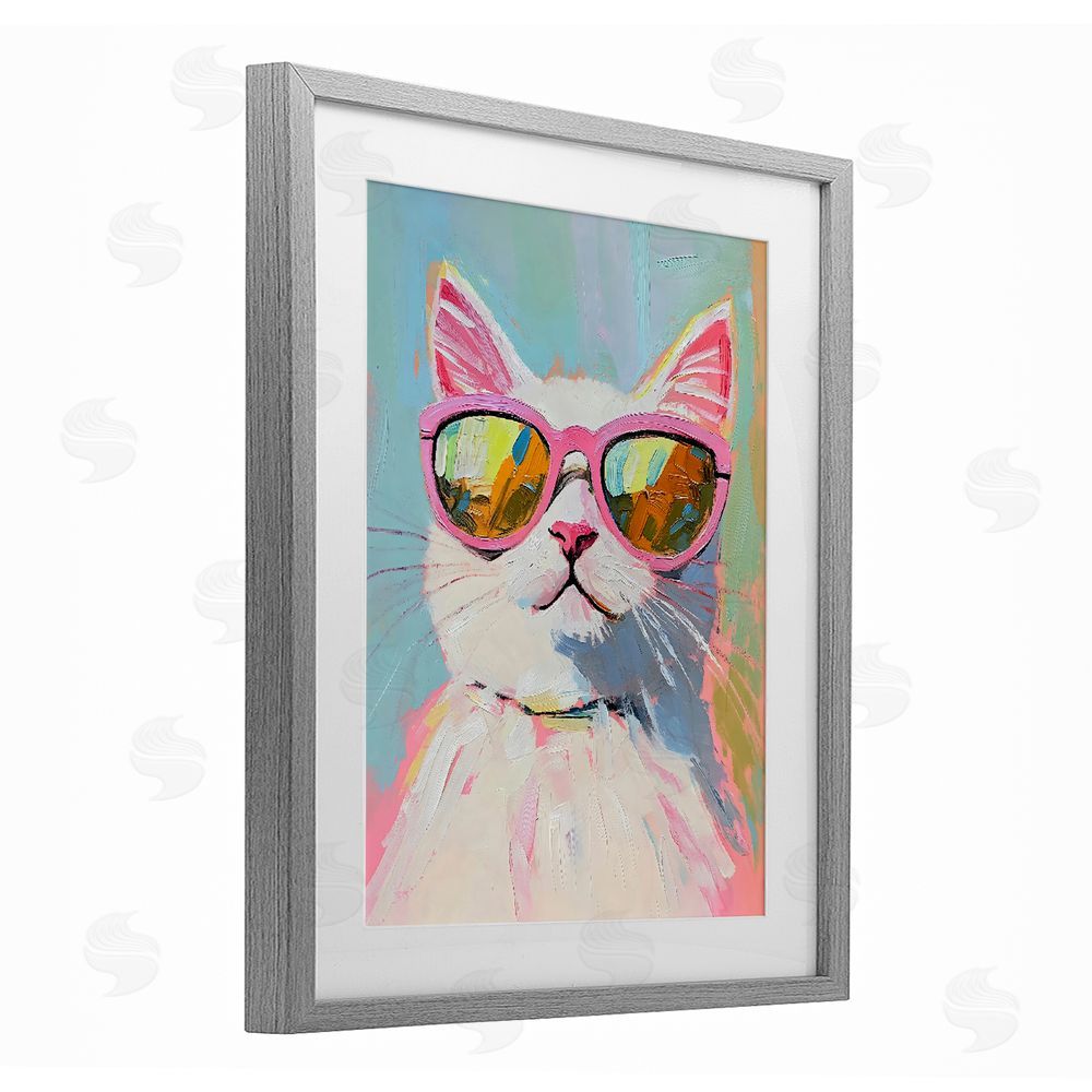 The Prints Vibe Cool Cat in Sunglasses Gray Framed Print Under Glass Wall Art