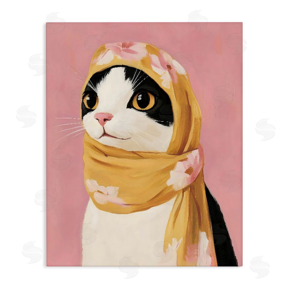 The Prints Vibe Cat Babushka in Yellow Scarf Stretched Canvas Wall Art Print