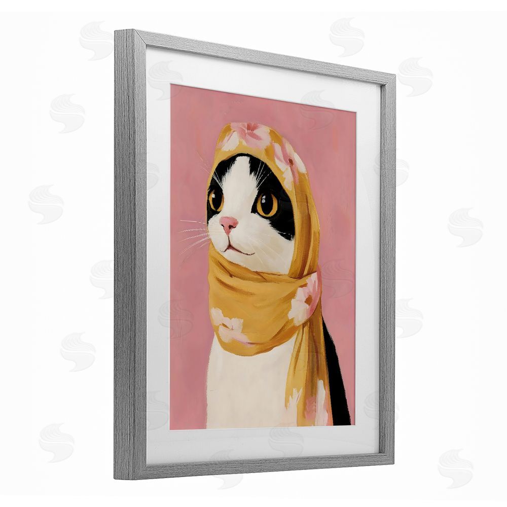 The Prints Vibe Cat Babushka in Yellow Scarf Gray Framed Print Under Glass with Matting Wall Art