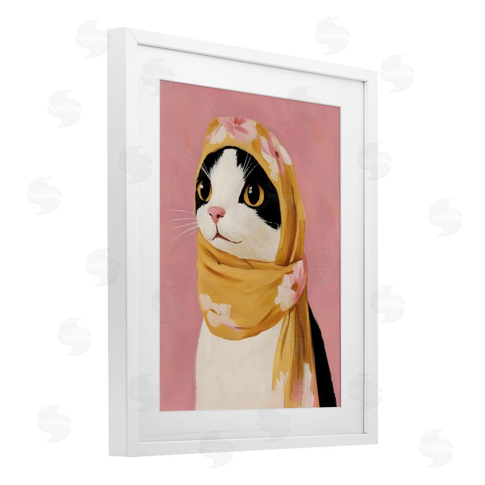 The Prints Vibe Cat Babushka in Yellow Scarf White Framed Print Under Glass with Matting Wall Art