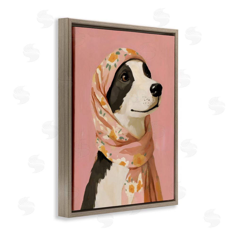 The Prints Vibe Dog Babushka in Floral Scarf Brown Floating Frame Canvas Wall Art Print