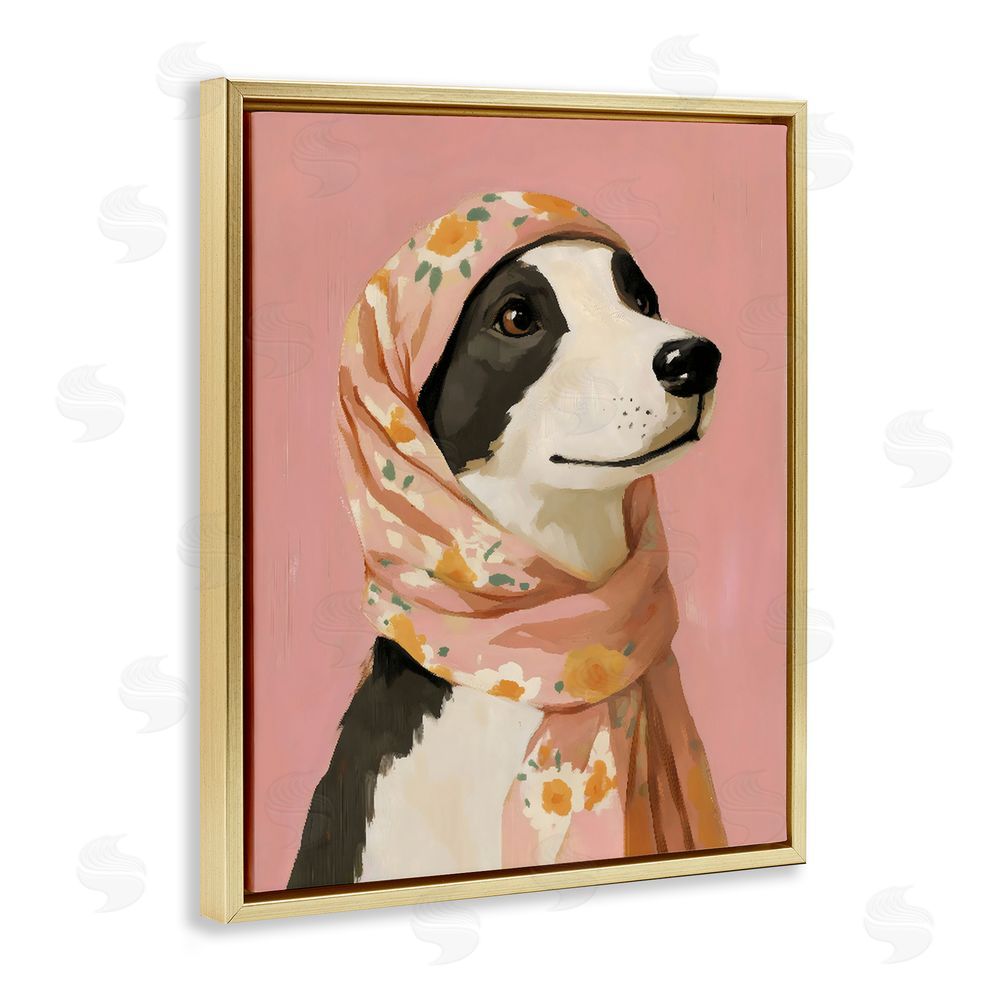 The Prints Vibe Dog Babushka in Floral Scarf Gold Floating Frame Canvas Wall Art Print