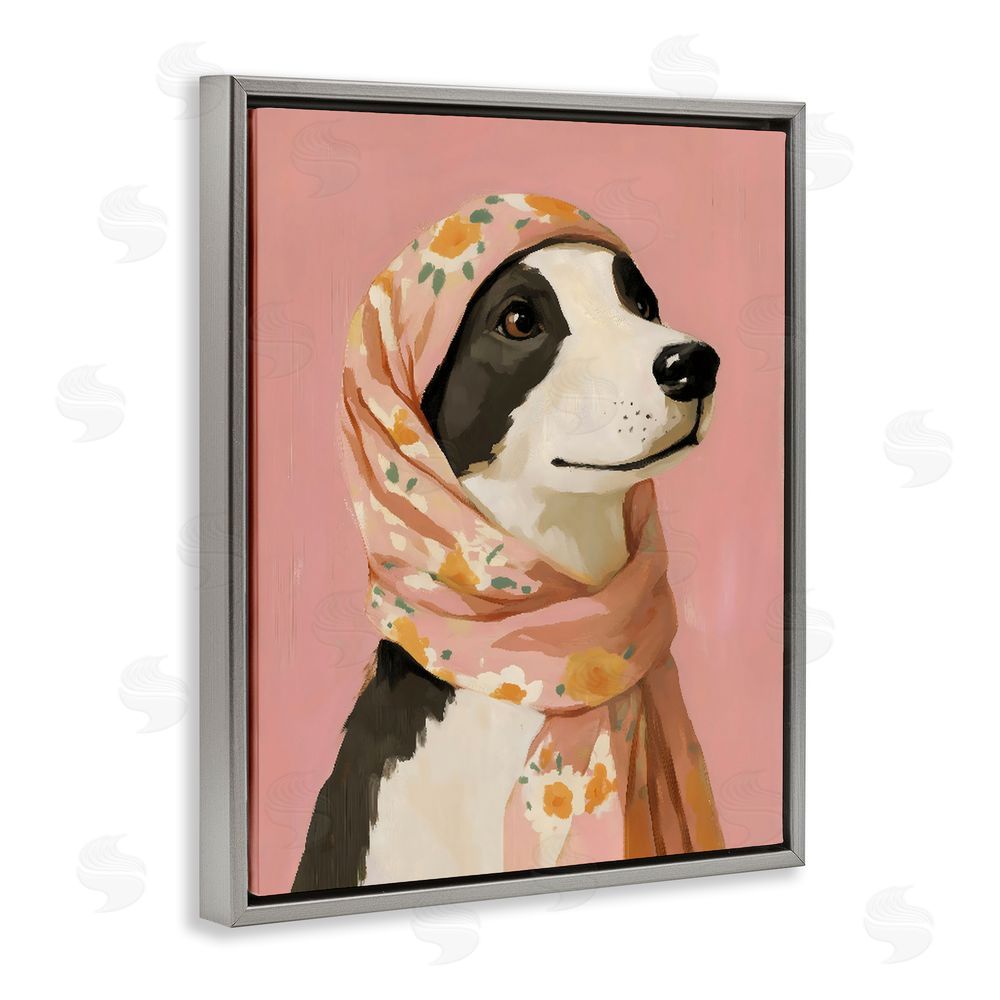 The Prints Vibe Dog Babushka in Floral Scarf Gray Floating Frame Canvas Wall Art Print