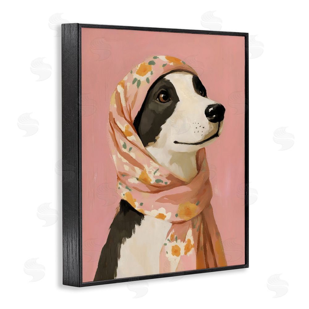 The Prints Vibe Dog Babushka in Floral Scarf Black Framed Giclee Wall Art Print