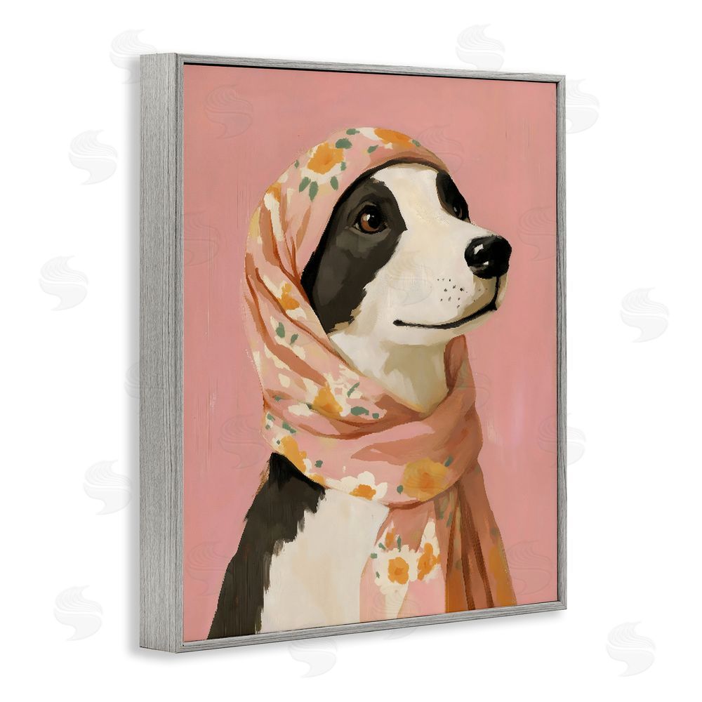 The Prints Vibe Dog Babushka in Floral Scarf Gray Framed Giclee Wall Art Print