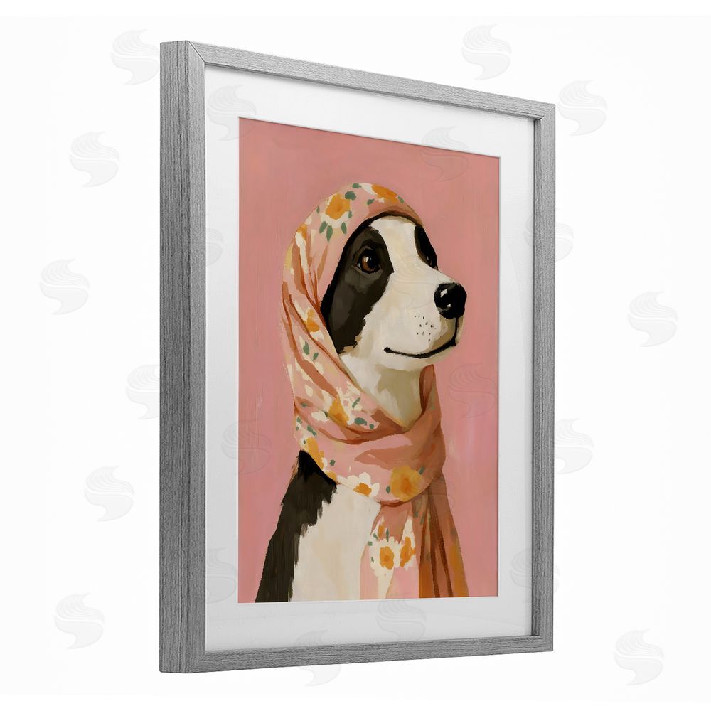 The Prints Vibe Dog Babushka in Floral Scarf Gray Framed Print Under Glass Wall Art