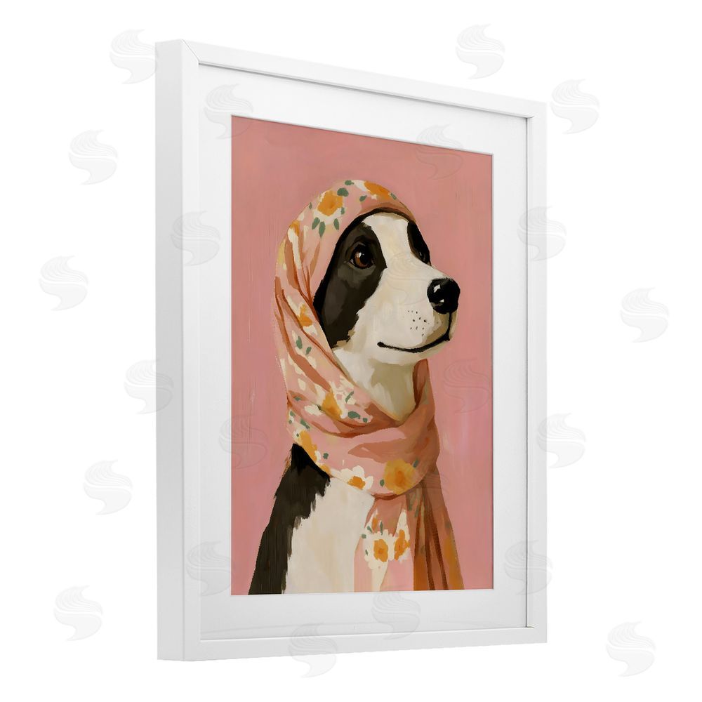 The Prints Vibe Dog Babushka in Floral Scarf White Framed Print Under Glass Wall Art