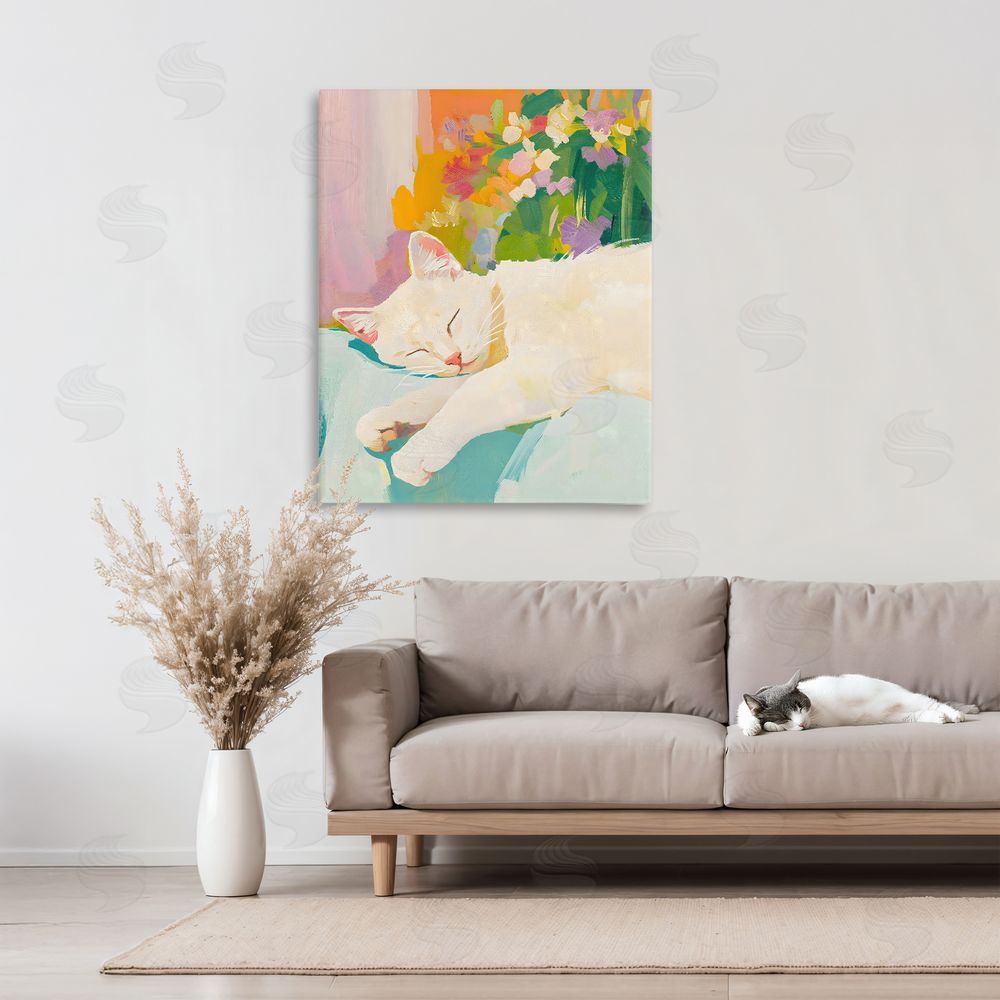 The Prints Vibe Sleeping Cat with Flowers Stretched Canvas on Wall