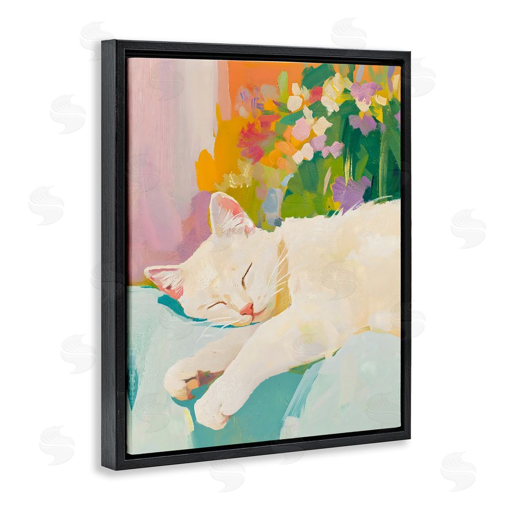 The Prints Vibe Sleeping Cat with Flowers Black Floating Framed Canvas Wall Art Print