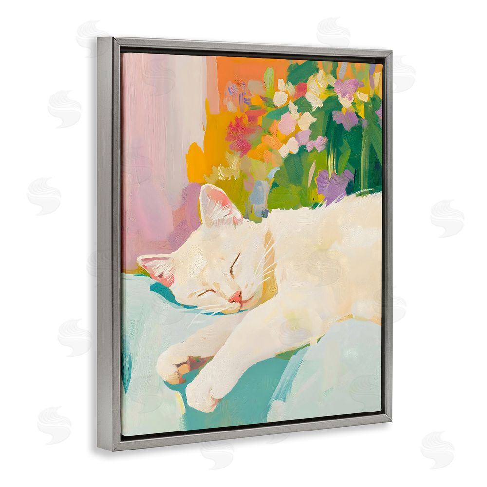 The Prints Vibe Sleeping Cat with Flowers Gray Floating Framed Canvas Wall Art Print