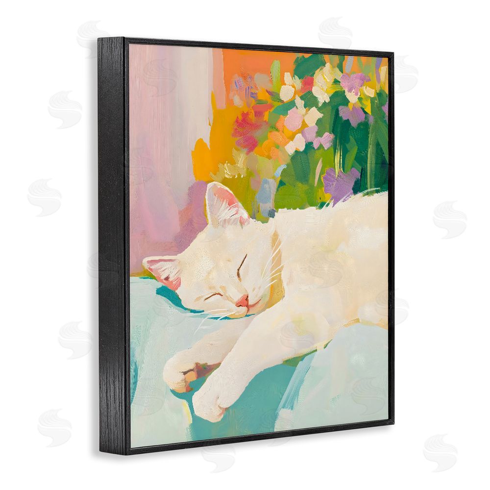 The Prints Vibe Sleeping Cat with Flowers Black Framed Giclee Wall Art Print