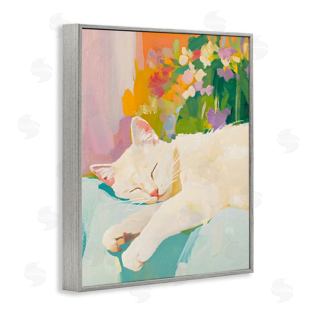 The Prints Vibe Sleeping Cat with Flowers Gray Framed Giclee Wall Art Print