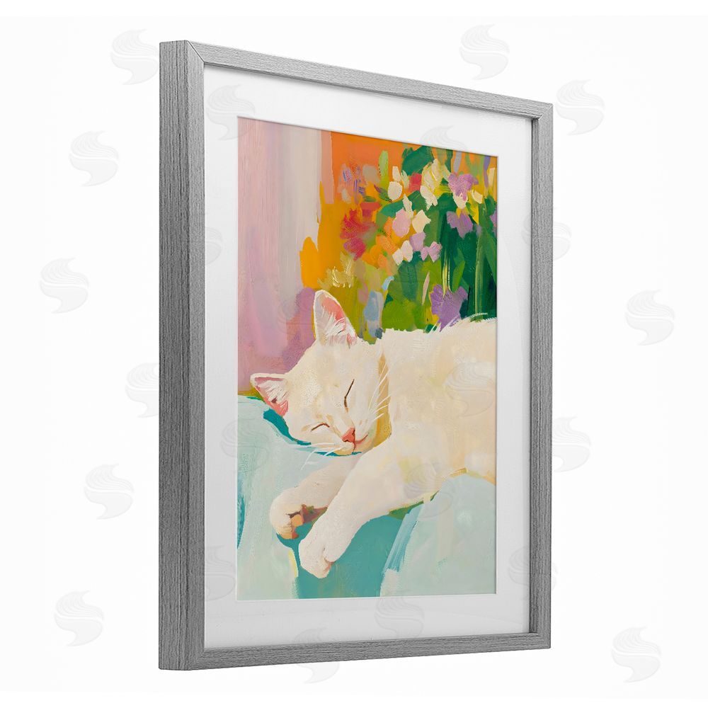 The Prints Vibe Sleeping Cat with Flowers Gray Framed Print Under Glass with White Mat Wall Art