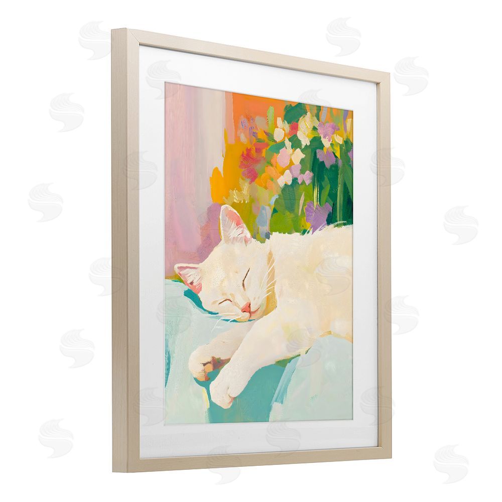 The Prints Vibe Sleeping Cat with Flowers Brown Framed Print Under Glass with White Mat Wall Art
