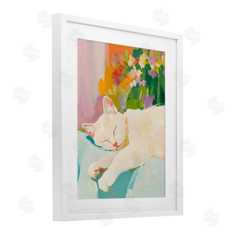 The Prints Vibe Sleeping Cat with Flowers White Framed Print Under Glass with White Mat Wall Art