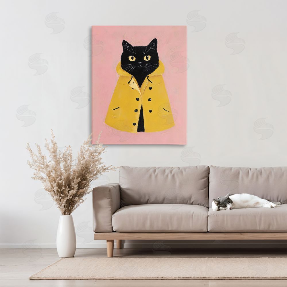 The Prints Vibe Black Cat in Yellow Raincoat Stretched Canvas Wall Art Print in Room