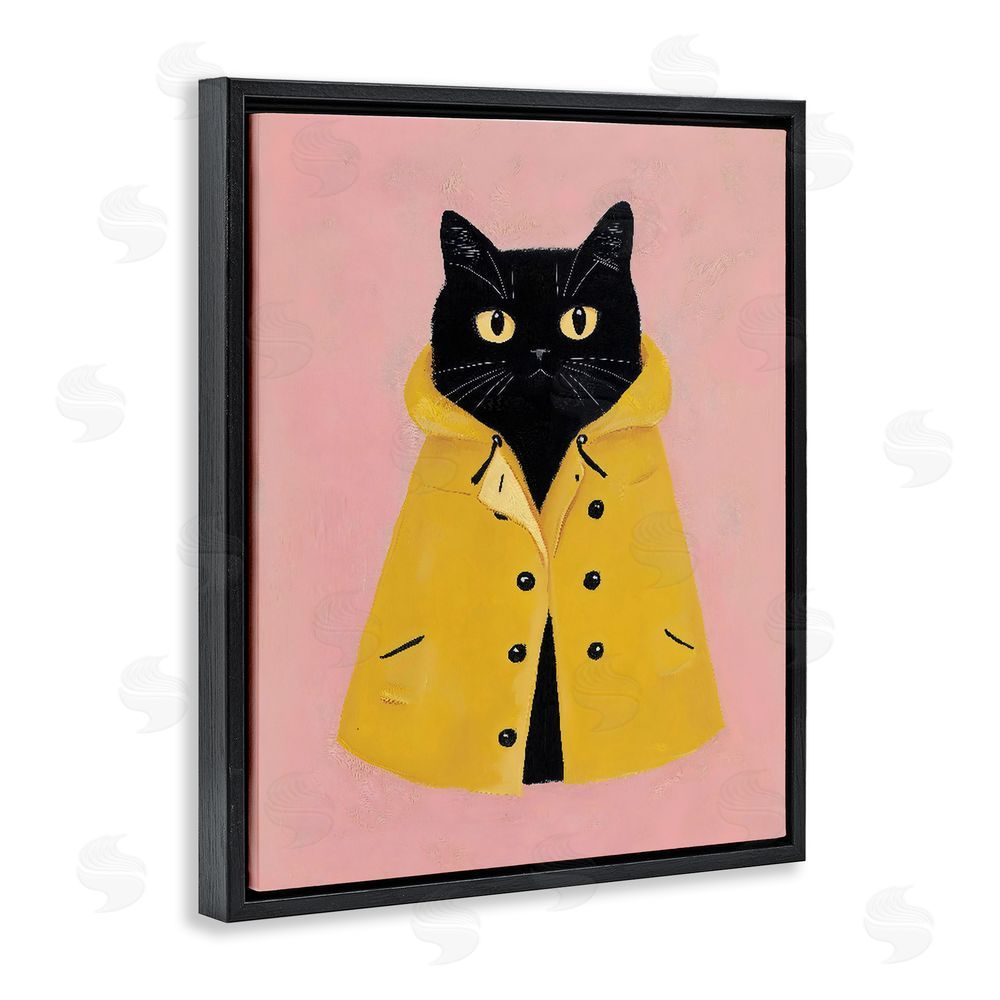 The Prints Vibe Black Cat in Yellow Raincoat Black Floating Frame Stretched Canvas Wall Art Print