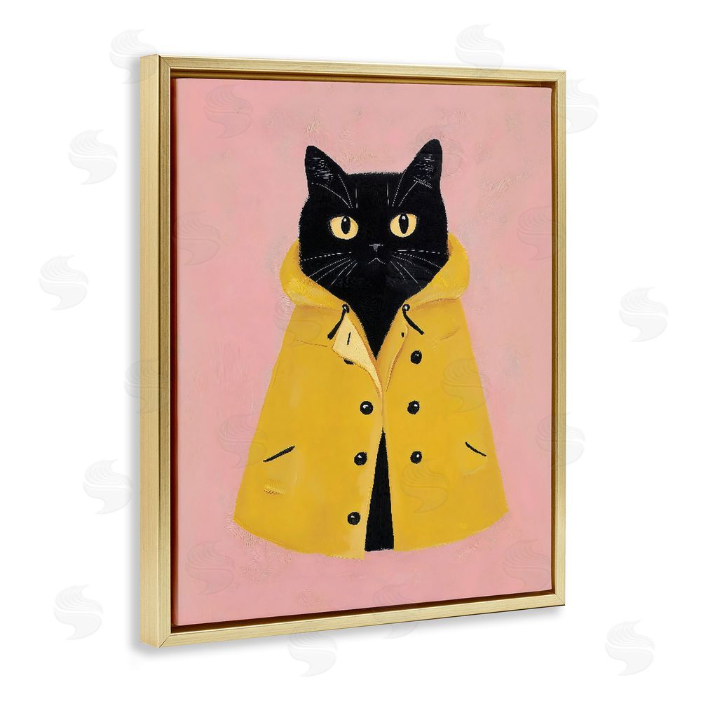 The Prints Vibe Black Cat in Yellow Raincoat Gold Floating Frame Stretched Canvas Wall Art Print
