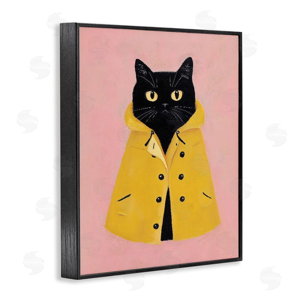 The Prints Vibe Black Cat in Yellow Raincoat Black Framed Giclee Wall Art Print