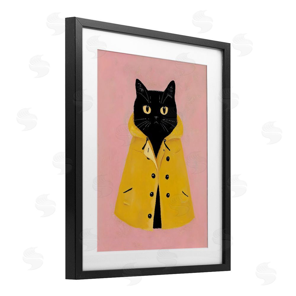 The Prints Vibe Black Cat in Yellow Raincoat Black Framed Print Under Glass with Matting Wall Art