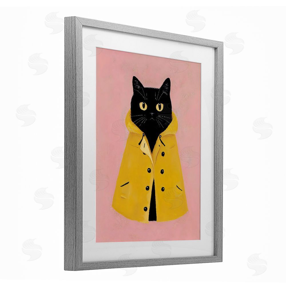 The Prints Vibe Black Cat in Yellow Raincoat Gray Framed Print Under Glass with Matting Wall Art