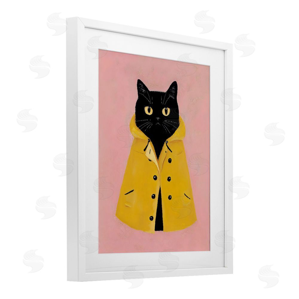 The Prints Vibe Black Cat in Yellow Raincoat White Framed Print Under Glass with Matting Wall Art