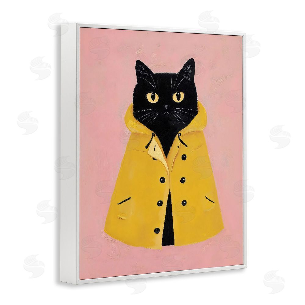 The Prints Vibe Black Cat in Yellow Raincoat White Framed Giclee Wall Art Print