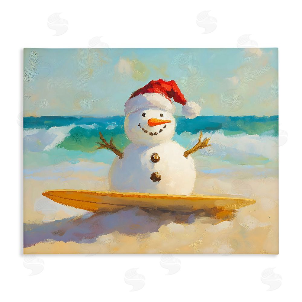The Prints Vibe Surfer Snowman on Beach Stretched Canvas Wall Art Print