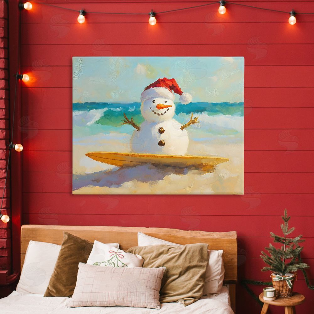 The Prints Vibe Surfer Snowman on Beach Stretched Canvas on Wall