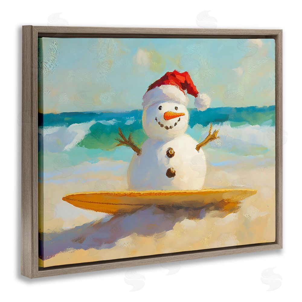 The Prints Vibe Surfer Snowman on Beach Brown Floating Framed Canvas Wall Art Print