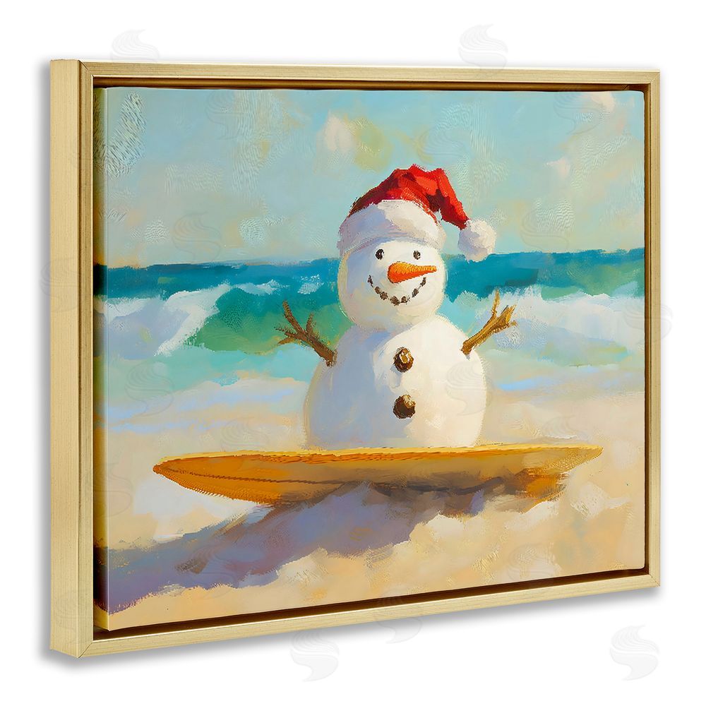 The Prints Vibe Surfer Snowman on Beach Gold Floating Framed Canvas Wall Art Print