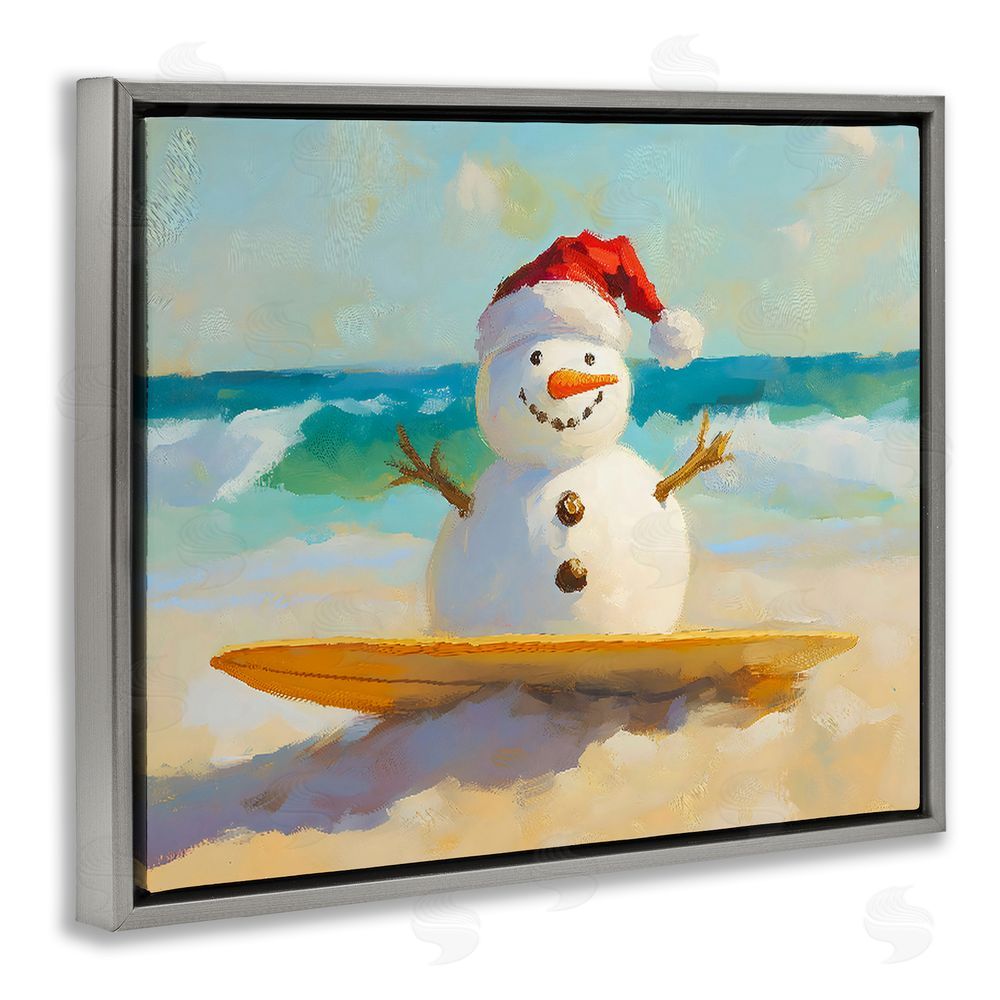 The Prints Vibe Surfer Snowman on Beach Gray Floating Framed Canvas Wall Art Print