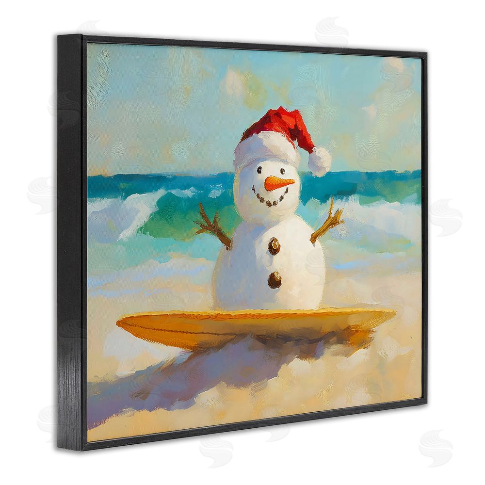 The Prints Vibe Surfer Snowman on Beach Black Framed Giclee Wall Art Print